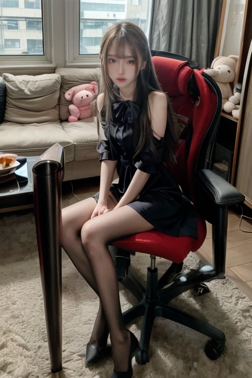  futuaner, 1girl, dress, sitting, solo, black dress, chair, long hair, , indoors, stuffed toy