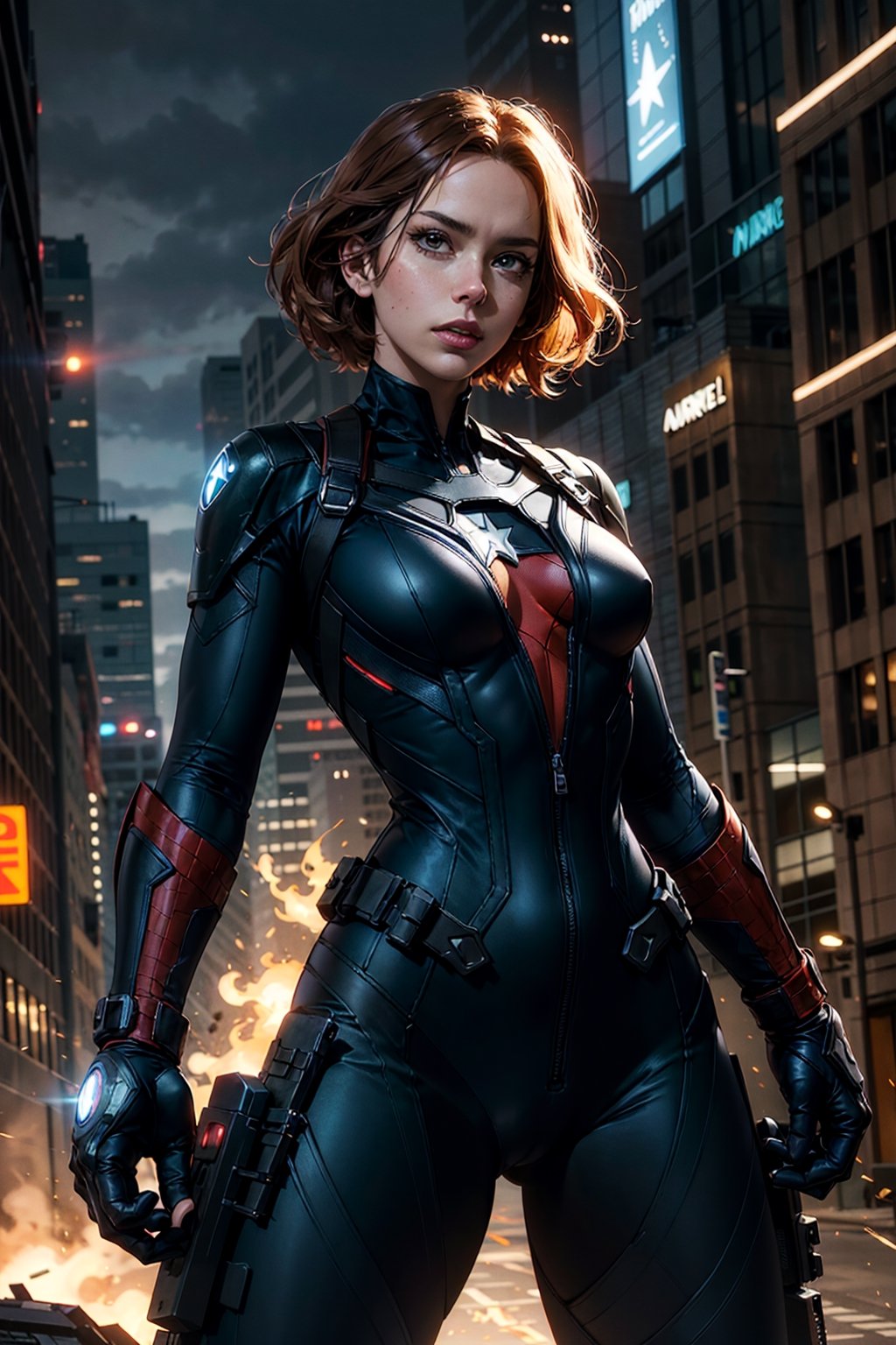 cowboy shot of black widow, black bodysuit, combat suit, electric hands, Marvel Avengers, cinematic background