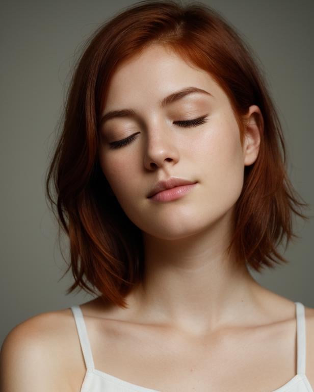 face closeup,closed eyes,beautiful redhead girl with short hair,dark theme, detailed skin, empty background