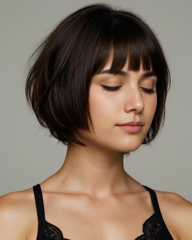 face closeup,closed eyes,beautiful girl,brunette,short hair,curly bob cut,dark theme, detailed skin, empty background