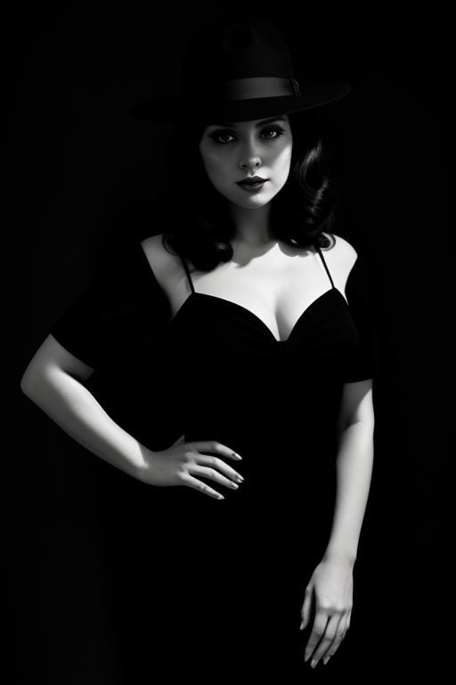 beautiful woman,film noir, full-body shot, black and white photo, vintage, fedora hat,chiaroscuro lighting, thriller