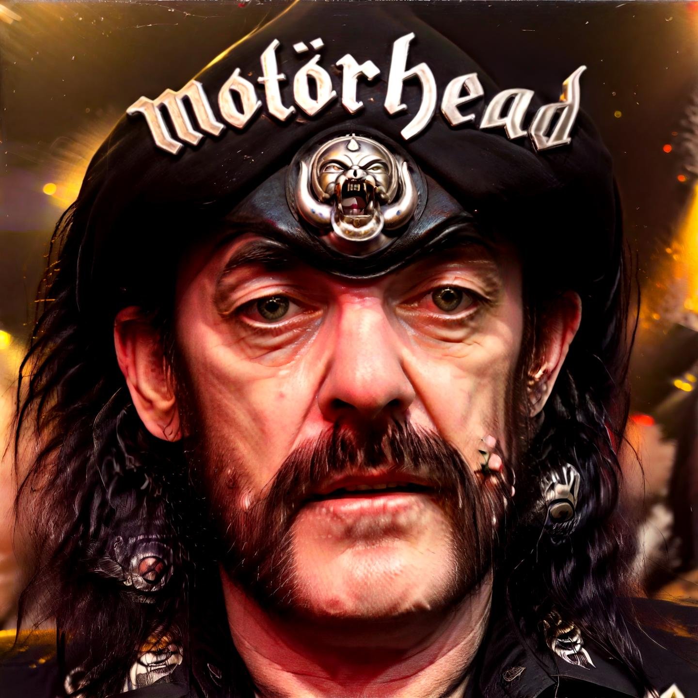 Album Cover Art lemy with detailed eyes, 3 days not sleep,at whisky a gogo nightclub in holywood, close up, motörhead_cover, record cover, ,,, Album Cover Art, often for music albums, band branding, or iconic cover designs.