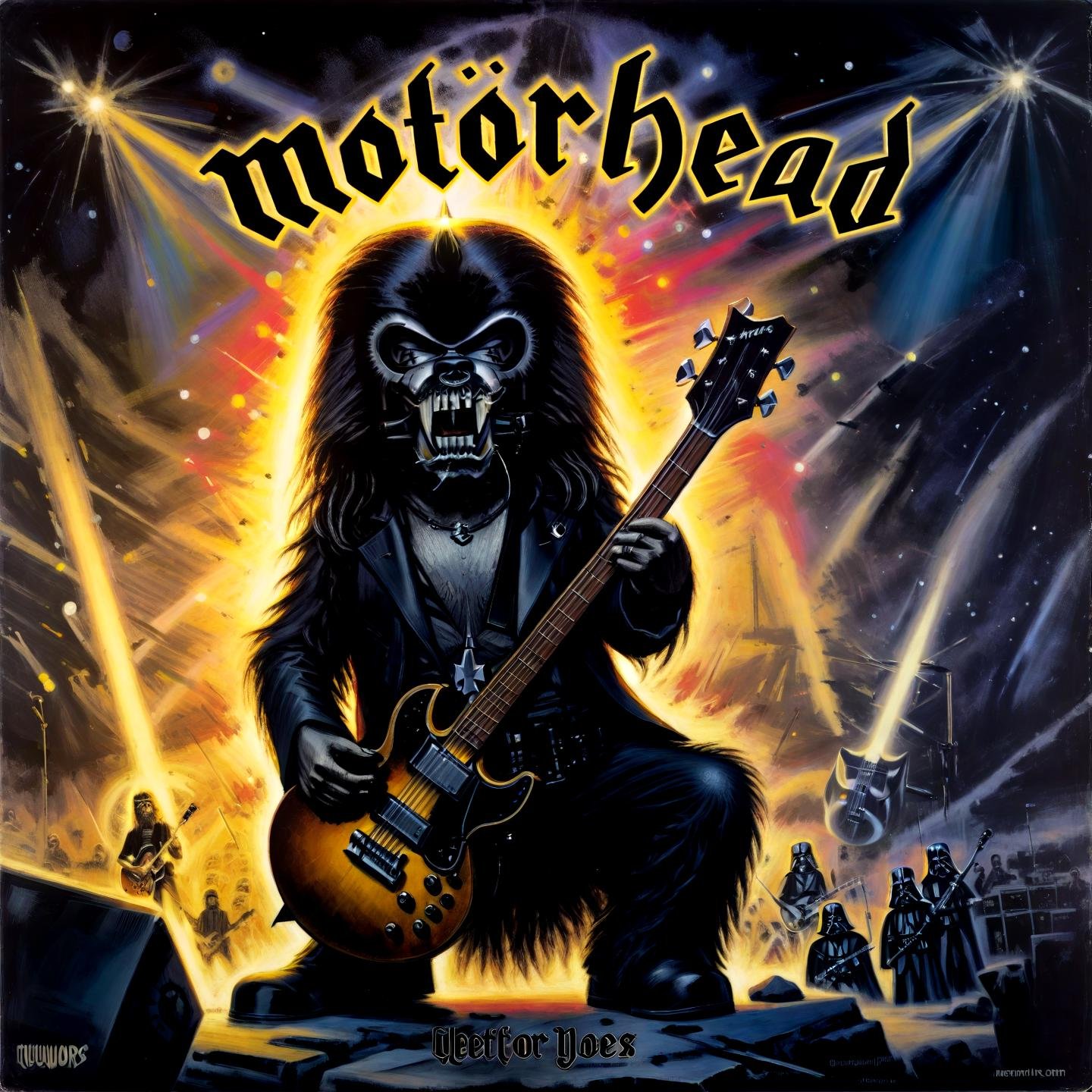 Neo-Noir chewbacce as lemmy from motörhead, playing guitar on a (rock concert:0.85), motörhead_cover, record cover,brown fluffy fur, (star wars style:1.1), animation,,, Neo-Noir, often for modern noir elements, psychological twists, or contemporary thrillers.