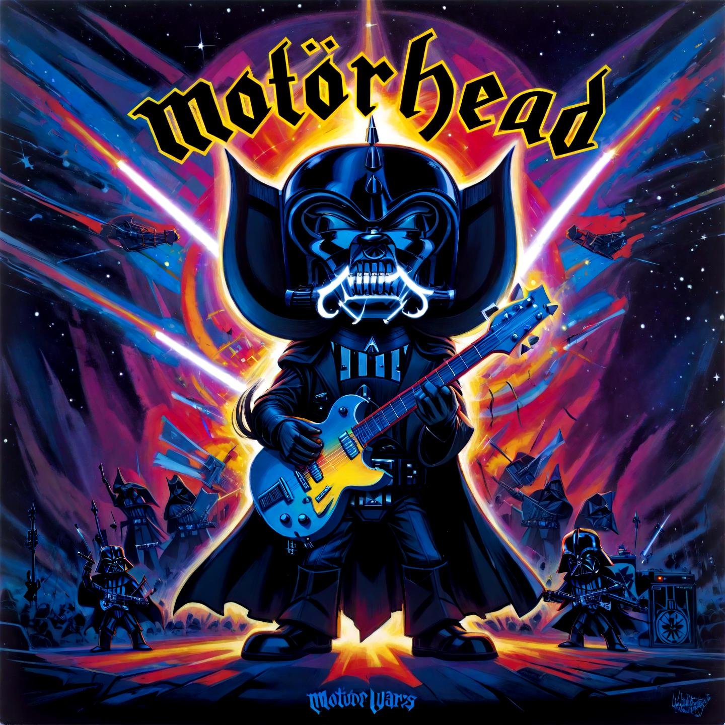 Disney animation style Dath Vader as lemmy from motörhead, playing guitar on a (rock concert:0.7), motörhead_cover, record cover, (star wars style:1.1), tie fighter, lightsaber,,. Bright colors, fluid motion, charming characters, wholesome storytelling, hand-drawn animation