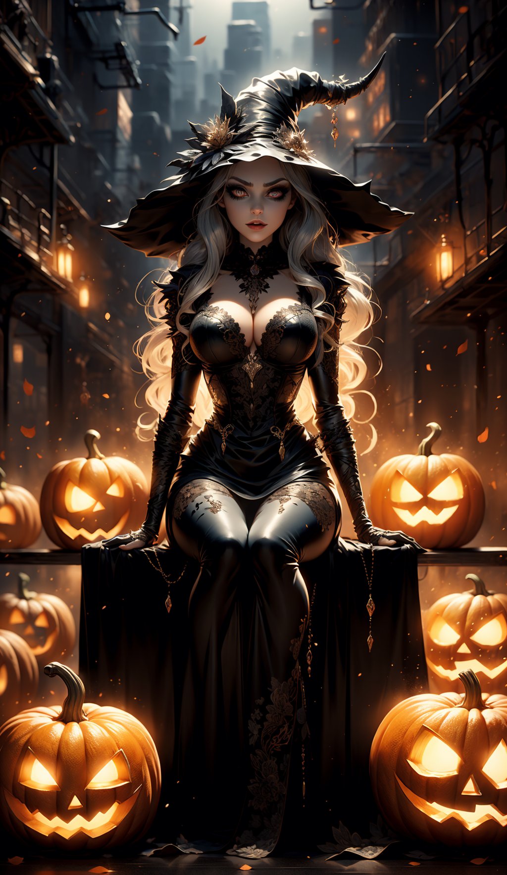 solo,black witch,black witch hat,black witch dress,detailed face and eyes,silver_hair/silver_eyes,cleavage,playing,cyberpunk ,styled in Art Nouveau,insanely detailed, embellishments,high definition,concept art, digital art, dynamic pose,(sitting a large glowing jack-o'-lantern )
