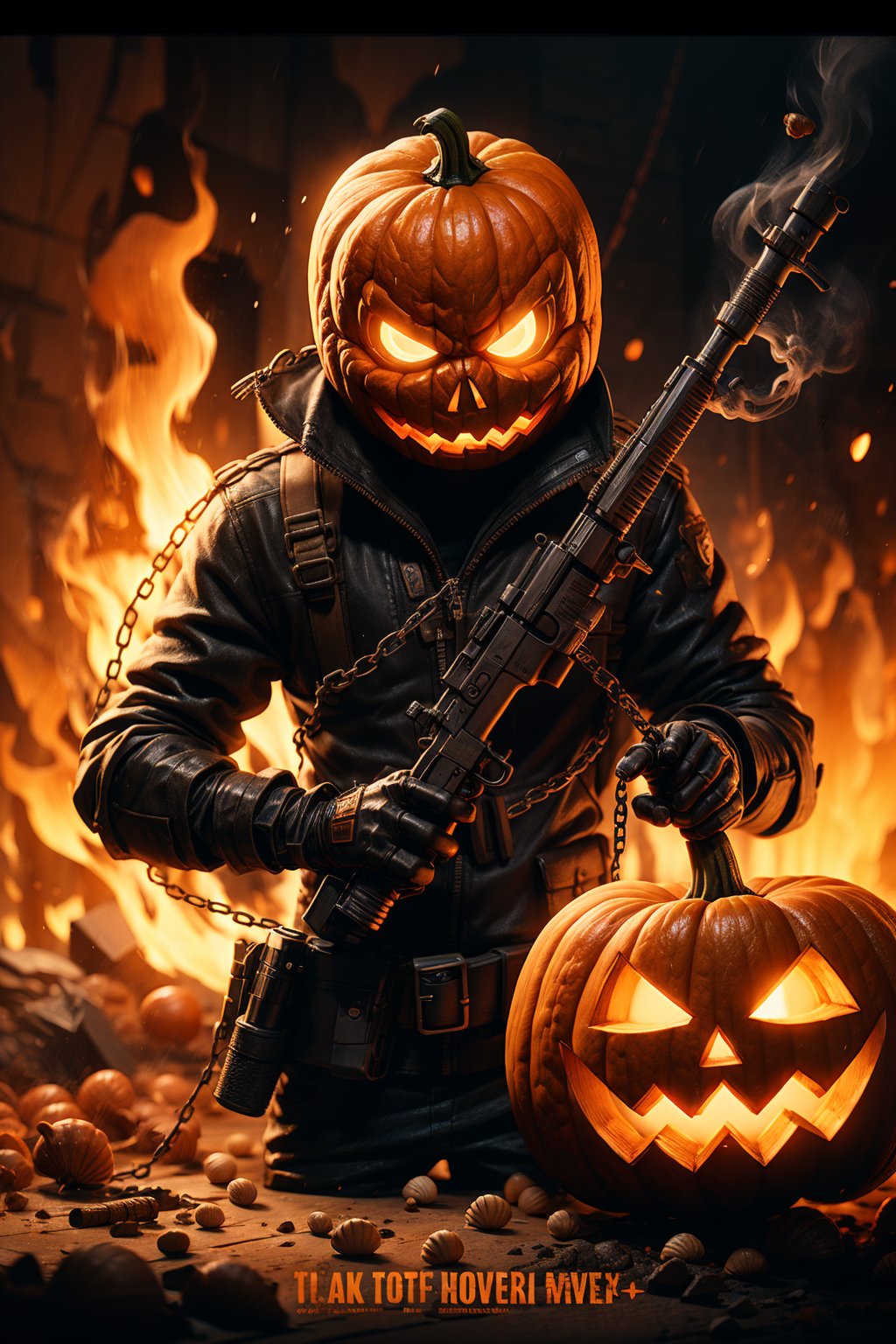 Poster, English text,, embers,Jack-o'-lantern creator, gun, gloves, , firing, male focus, pumpkin, shell casing, holding weapon, holding, smoke, chain, holding gun, mask, black gloves