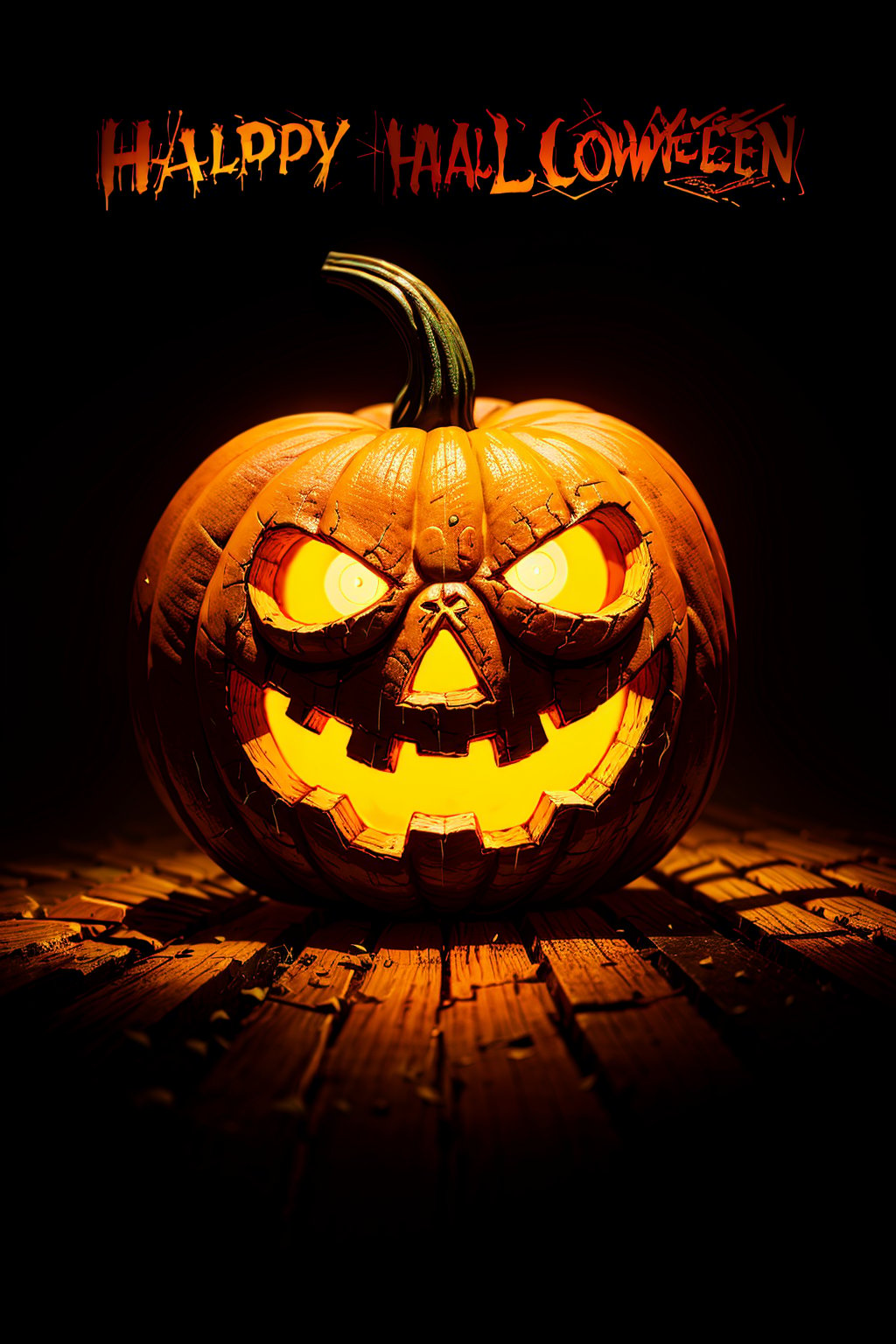 jack-o'-lantern, orange theme, dark, black background, happy halloween, english text, glowing eyes
