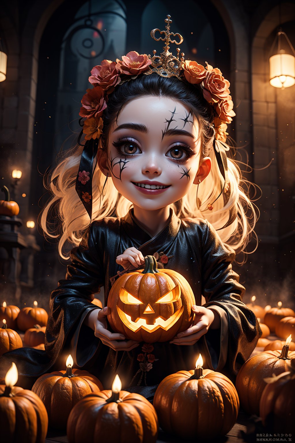 masterpiece,best quality,1girl,child,detail light,halloween make up,child,female focus,wanshengjie,best_quality,pumpkin,castle,(magic circle:1.1),upper body,happy,smiling,HS,flower,Wearing a flower hairpin on her head,wanshengjie,
