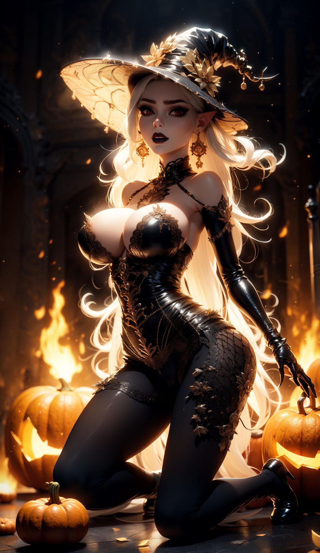 1girl, solo, photo realistic, from bottom, evil look, earrings, jewelry, hat, red eyes, jack-o'-lantern, pointy ears, looking at viewer, white long hair, witch hat, halloween, upp, er body, dress, pumpkin, white hair, black dress, breasts, black headwear, glowing, bangs, witch, thorns, black background, blood lips, huge breasts, fire, 3D rendering, zichun, pantyhose, cameltoe, kneeling, a, ss,
, Marionette, bouncing breasts, unaligned breasts, mega milfs,glowing
