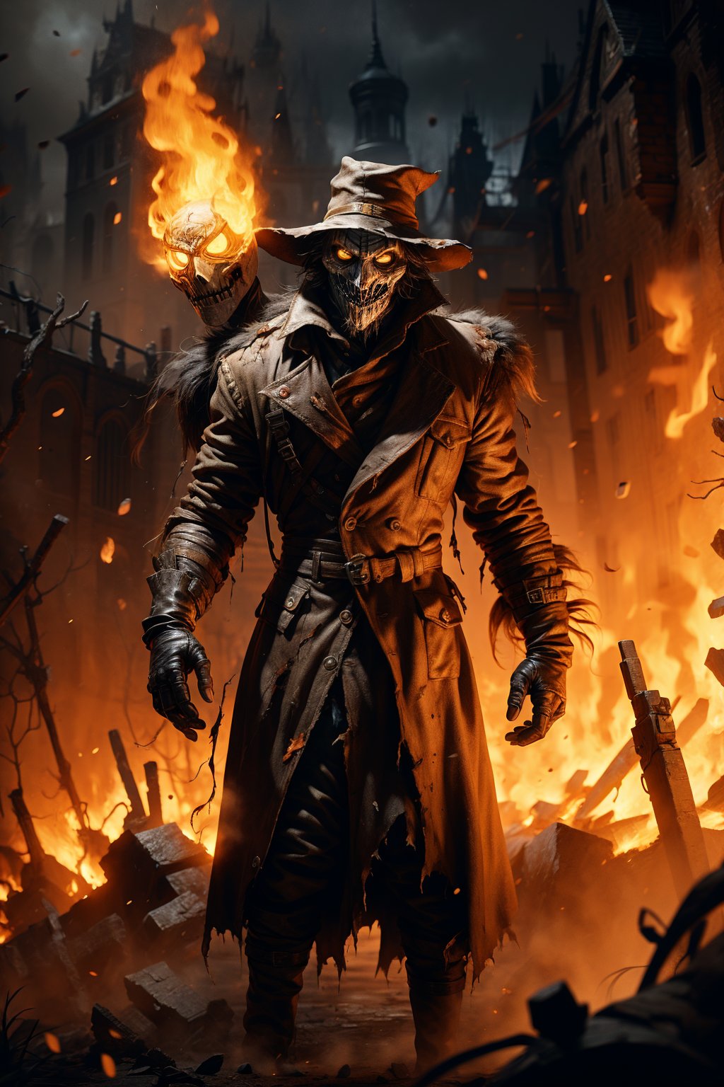 hat, 1boy, male focus, glowing eyes, mask, fire, trench coat, coat, glowing, torn clothes, gloves, hunter \(bloodborne\), yellow eyes