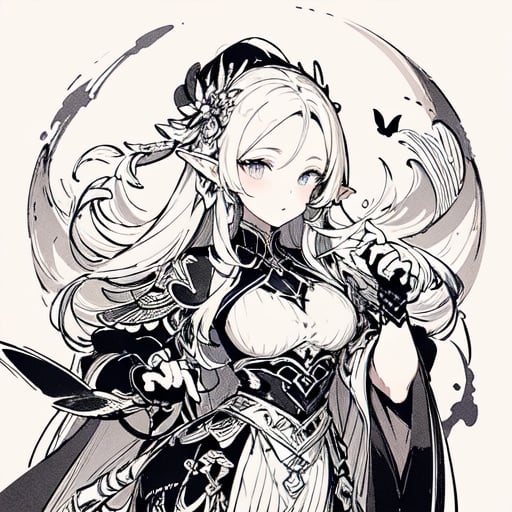 (masterpiece, top quality, best quality, official art, beautiful and aesthetic:1.2),(1girl),elf,dynamic pose,extreme detailed,colorful,highest detailed,<lora:wild_ink_color:1.5>,monochrome,ink sketch,