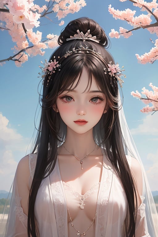  ,(((masterpiece,best quality))),((good structure,Good composition,good atomy)), ((clear, original,beautiful)),1girl,long hair,qingsha,white pink theme,flowers,outdoors,sakura,tree,sky,