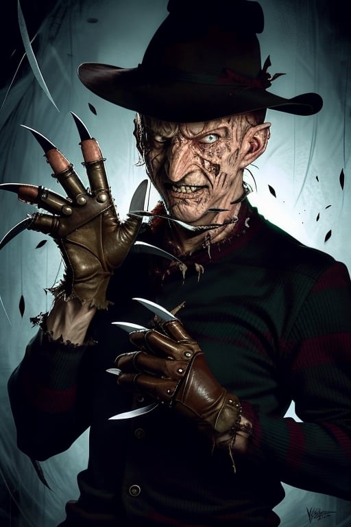 a creepy man with a glove tha has knives on the fingers in his right hand only, a character portrait by Jason Edmiston, pixabay contest winner, verdadism, nightmare, #vfxfriday, green and red striped long sleeve shirt, wearing a brown hat, creepypasta, ,FREDKRUG