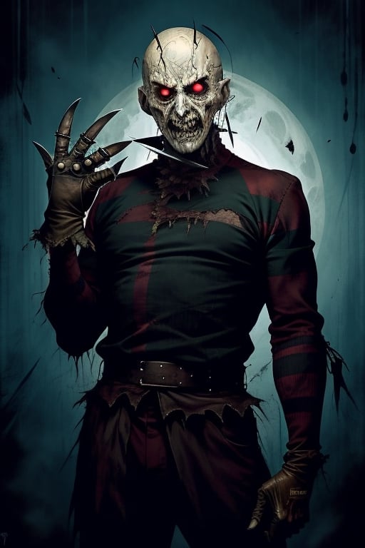 a creepy man with a glove tha has knives on the fingers in his right hand only, a character portrait by Jason Edmiston, pixabay contest winner, verdadism, nightmare, #vfxfriday, green and red striped long sleeve shirt, creepypasta,FREDKRUG,FREDYKRUE