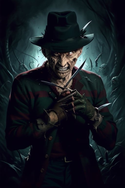 a creepy man with a glove tha has knives on the fingers in his right hand only, a character portrait by Jason Edmiston, pixabay contest winner, verdadism, nightmare, #vfxfriday, green and red striped long sleeve shirt, wearing a brown hat, creepypasta, ,FREDKRUG