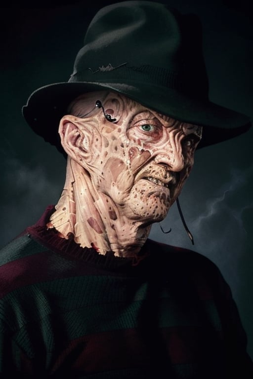 a creepy man wearing a black hat and striped sweater, a character portrait by John Carpenter, zbrush central contest winner, precisionism, nightmare, #vfxfriday, reimagined by industrial light and magic