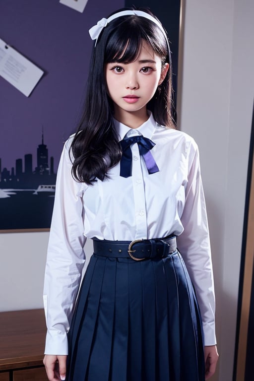 masutepiece, Best Quality, {Best Quality}, {{masutepiece}}, {hight resolution}, Illustration, 1girl in, Inoue Takina, Long hair, Bangs, Black hair, (Purple eyes:1.2), blush, Shirt, Long sleeves, Dress, bow ribbon, School uniform, White shirt, Collared shirt, Belt bag, Neck ribbon, Blue Dress, Green Ribbon, pleated dress, grey dress, two-tone dress, Blue belt, Lycoris Uniform, Looking at Viewer