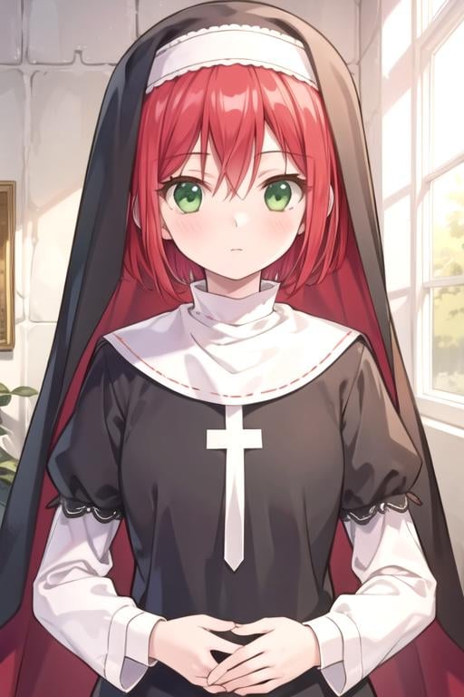 masterpiece, best quality, game cg, 1girl, solo, looking at viewer, , , , , <lora:shirayuki-hime:0.68>, shirayuki-hime, red hair, green eyes, nun costume, ,