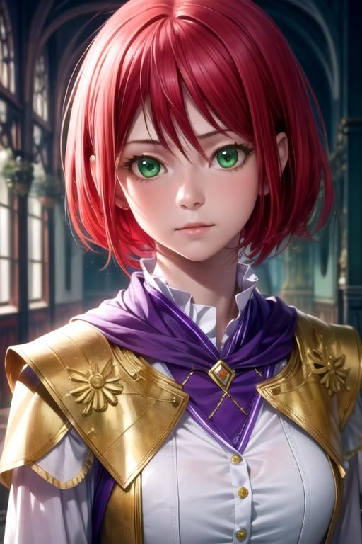 masterpiece, best quality, , 1girl, solo, looking at viewer, upper body, depth of field, , realistic, <lora:shirayuki-hime:0.72>, shirayuki-hime, red hair, green eyes, mardi gras costume, grimdark, HDR