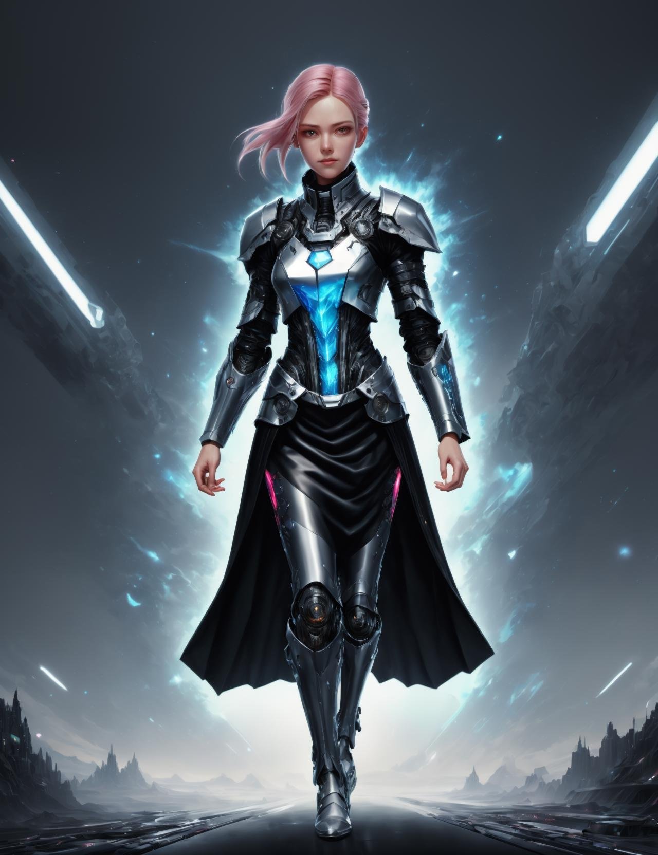 ((best quality)), ((masterpiece)), ((realistic,digital art)), (hyper detailed),DonMR0s30rd3r female knight full body clothing,  Neural Interface Leather,   Batwing Sleeves, Maxi Length, Empire Waist, Pleated Skirt,  Cargo Pockets,,Ombre Wash,,Asymmetric Hem,,Closure Type,,Contrast Stitching,High Slit, Button Closure,  , octane rendering, raytracing, volumetric lighting, Backlit,Rim Lighting, 8K, HDR <lora:DonMR0s30rd3r-000010:1>