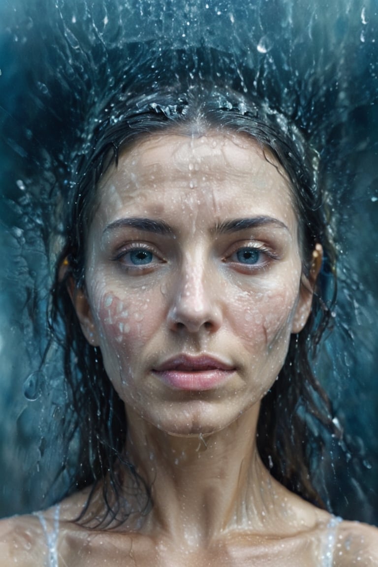 Visage of a woman made from water, looking at the viewer, close too viewer, surrounded be streams of water and droplets, mystical,  wide close shot portrait, dof