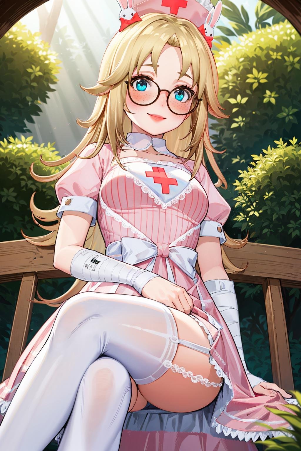 (extremely detailed fine touch:1.2), (natural light, sun light, light rays, dappled light, ray tracing:1.2) , masterpiece, best quality, highly quality ,sugar_ser0, 1girl, solo,looking at viewer,freckles, (blush:1.2),framed eyewear,pink dress, puffy short sleeves,nurse cap,rabbit hair ornament,bandaged arms, white thighhighs,garter straps,siting, crossed legs,garden ,embarrassed,smile,  dynamic angle,from below, <lora:Sugarser0v3-08:0.7> 