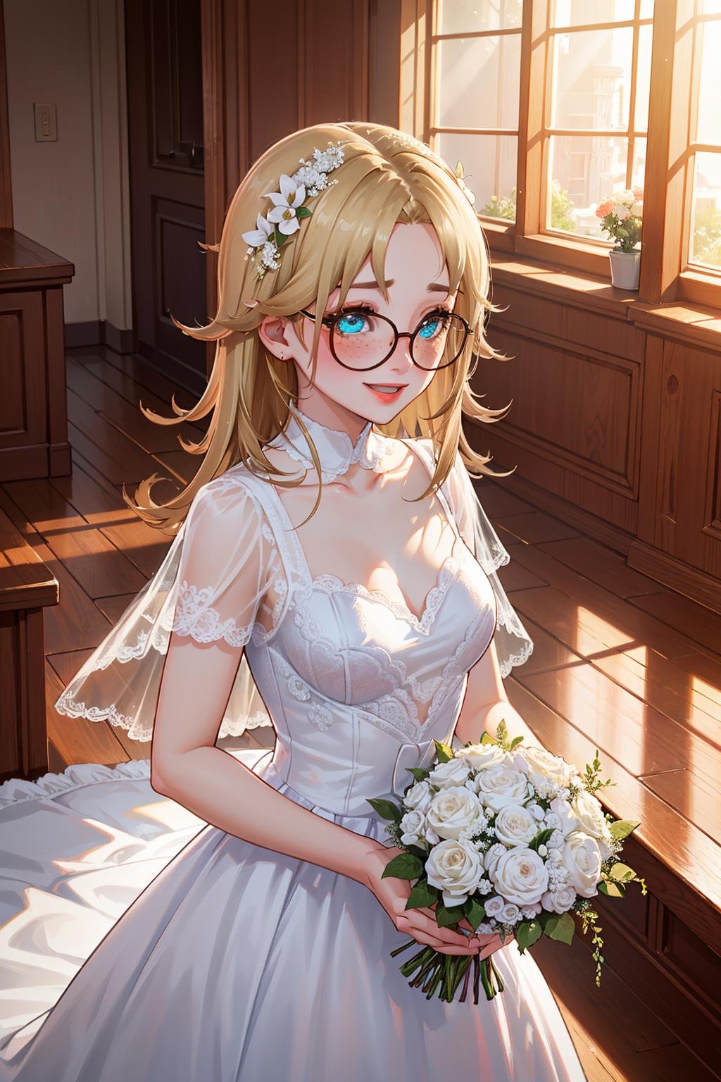 (extremely detailed fine touch:1.2), (natural light, sun light, light rays, dappled light, ray tracing:1.2) , masterpiece, best quality, highly quality ,sugar_ser0, 1girl, solo,looking at viewer,freckles,blush,framed eyewear,indoors, wedding dress, bouquet of flowers, church, happy, smile,crying ,room, elegant room, <lora:Sugarser0v3-08:0.68> 
