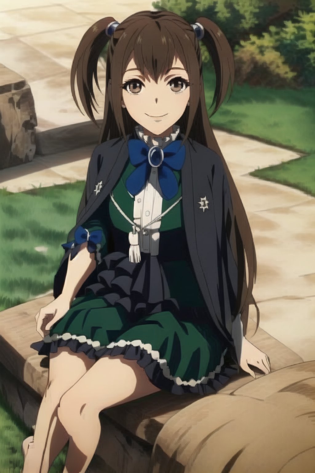 beautiful, masterpiece, best quality, extremely detailed face, masterpiece, 1girl, solo female, looking at viewer, descensored, 1woman, best quality, ultra-detailed, long hair, wole body, full body, brown hair, brown ayes, two ponytails, green dress, long hair, smile, in a park, greeting, sitting