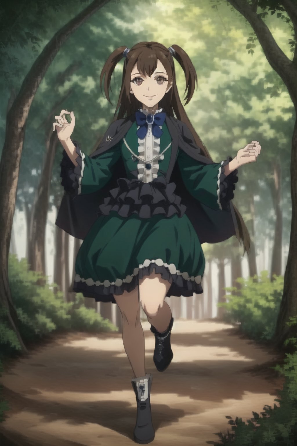 beautiful, masterpiece, best quality, extremely detailed face, masterpiece, 1girl, solo female, looking at viewer, descensored, 1woman, best quality, ultra-detailed, long hair, wole body, full body, brown hair, brown ayes, two ponytails, green dress, long hair, smile, sexy pose, in a forest,