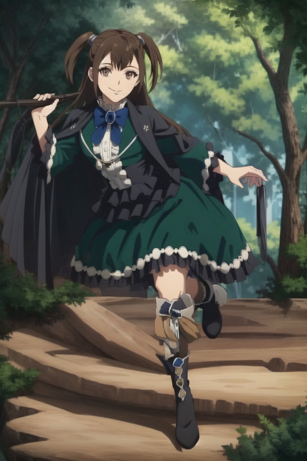 beautiful, masterpiece, best quality, extremely detailed face, masterpiece, 1girl, solo female, looking at viewer, descensored, 1woman, best quality, ultra-detailed, long hair, wole body, full body, brown hair, brown ayes, two ponytails, green dress, long hair, smile, sexy pose, in a forest,