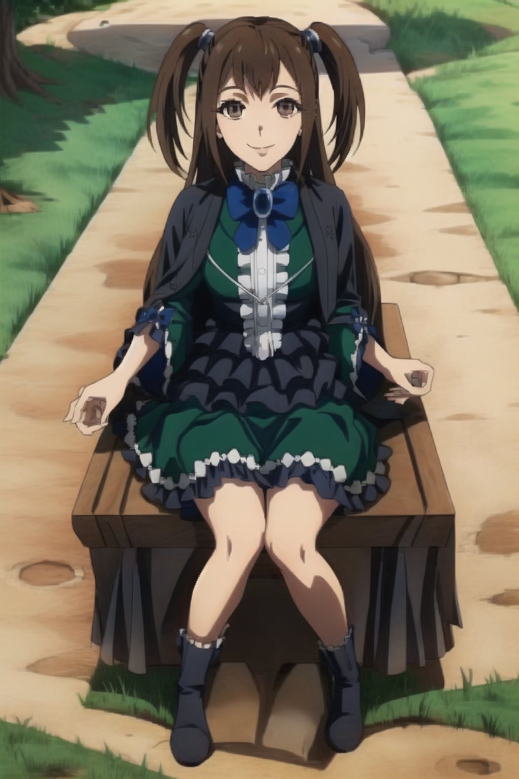 beautiful, masterpiece, best quality, extremely detailed face, masterpiece, 1girl, solo female, looking at viewer, descensored, 1woman, best quality, ultra-detailed, long hair, wole body, full body, brown hair, brown ayes, two ponytails, green dress, long hair, smile, in a park, greeting, sitting