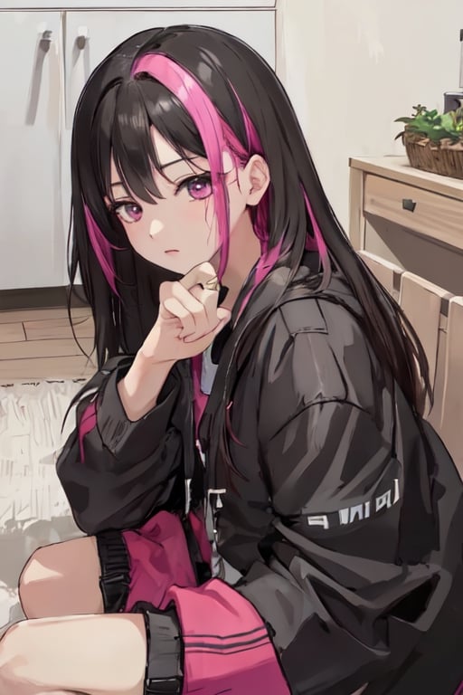 phlg, ,1girl, ,kocal, black hair,pink highlight