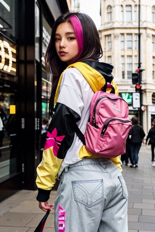 Background,Oxford street,with a lot of passers-by,late afternoon.,,Dressed in,with a hood random color,jeans pants,on feet white "Under Armor" snickers,a small backpack on the girl's back,pastel yellow color,prominent bust.phlg, , 1girl, , kocal, black hair, pink highlight