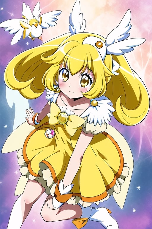 a woman in a yellow dress and a hat with a bird on her head, symphogear, anime girl named lucy, anime visual of a cute girl, rei hiroe, magical girl anime mahou shojo, yami kawaii, best anime character design, daytime ethereal anime, yellow radiant magic, aya takano color style, anime best girl, portrait of magical girl