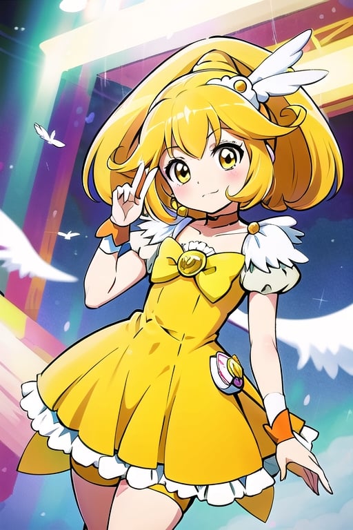 a woman in a yellow dress and a hat with a bird on her head, symphogear, anime girl named lucy, anime visual of a cute girl, rei hiroe, magical girl anime mahou shojo, yami kawaii, best anime character design, daytime ethereal anime, yellow radiant magic, aya takano color style, anime best girl, portrait of magical girl