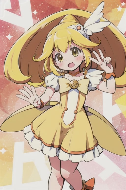 a woman in a yellow dress and a hat with a bird on her head, symphogear, anime girl named lucy, anime visual of a cute girl, rei hiroe, magical girl anime mahou shojo, yami kawaii, best anime character design, daytime ethereal anime, yellow radiant magic, aya takano color style, anime best girl, portrait of magical girl