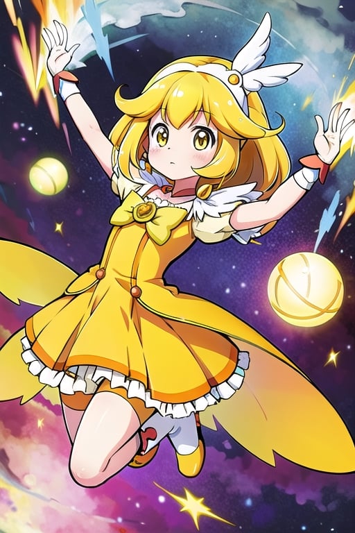 a woman in a yellow dress and a hat with a bird on her head, symphogear, anime girl named lucy, anime visual of a cute girl, rei hiroe, magical girl anime mahou shojo, yami kawaii, best anime character design, daytime ethereal anime, yellow radiant magic, aya takano color style, anime best girl, portrait of magical girl