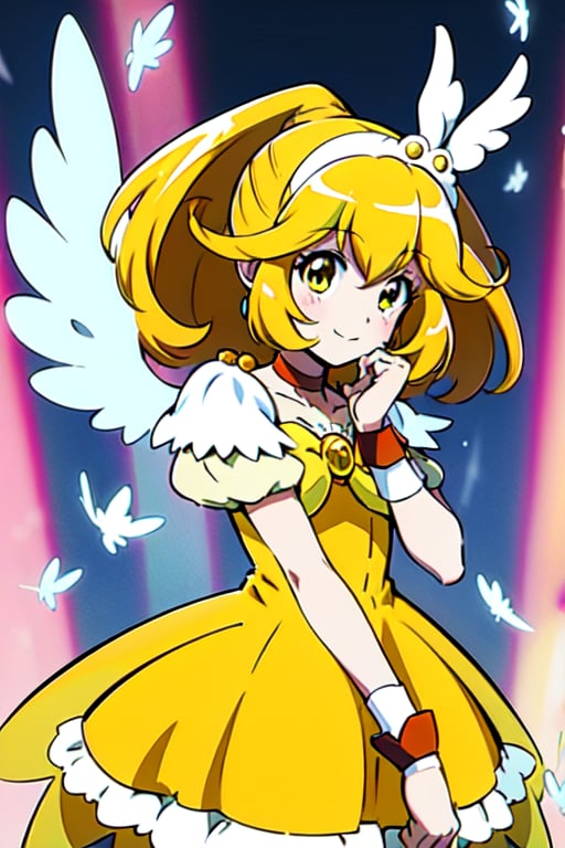 a woman in a yellow dress and a hat with a bird on her head, symphogear, anime girl named lucy, anime visual of a cute girl, rei hiroe, magical girl anime mahou shojo, yami kawaii, best anime character design, daytime ethereal anime, yellow radiant magic, aya takano color style, anime best girl, portrait of magical girl