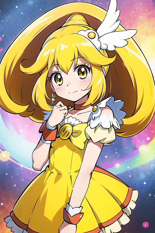 (masterpiece, best quality:1.2), a woman in a yellow dress and a hat with a bird on her head, symphogear, anime girl named lucy, anime visual of a cute girl, rei hiroe, magical girl anime mahou shojo, yami kawaii, best anime character design, daytime ethereal anime, yellow radiant magic, aya takano color style, anime best girl, portrait of magical girl