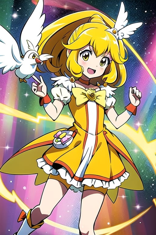 a woman in a yellow dress and a hat with a bird on her head, symphogear, anime girl named lucy, anime visual of a cute girl, rei hiroe, magical girl anime mahou shojo, yami kawaii, best anime character design, daytime ethereal anime, yellow radiant magic, aya takano color style, anime best girl, portrait of magical girl