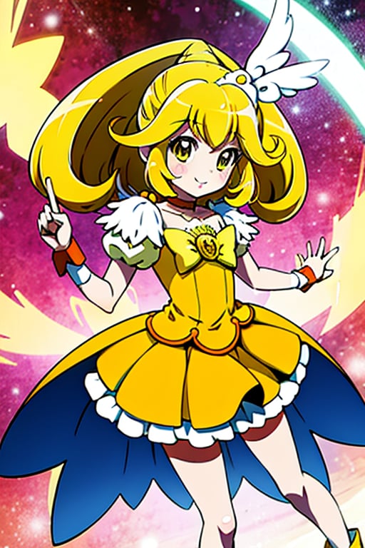 a girl in a yellow dress and a hat with a bird on her head, symphogear, anime girl named lucy, anime visual of a cute girl, rei hiroe, magical girl anime mahou shojo, yami kawaii, best anime character design, daytime ethereal anime, yellow radiant magic, aya takano color style, anime best girl, portrait of magical girl