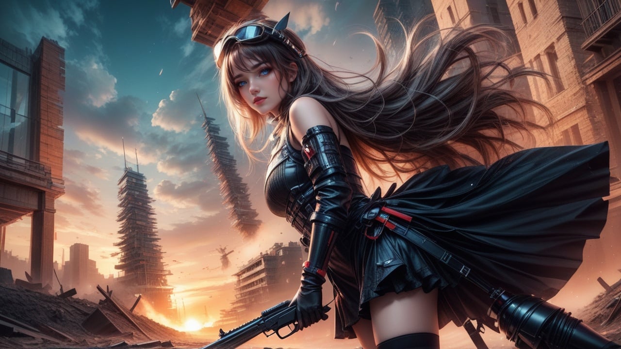 morisv, blue eyes, 1girl, thighhighs, dress, outdoors, sky, looking at viewer, building, standing, weapon, gun, lips, boots, goggles