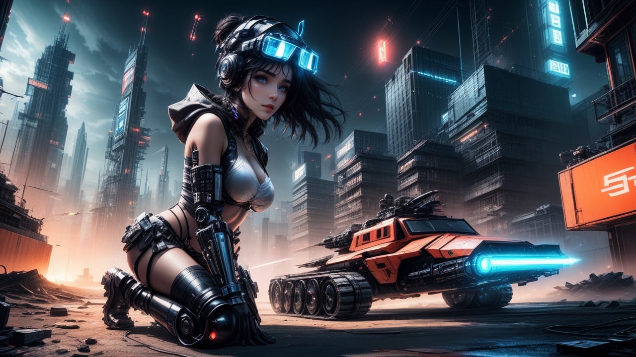 morisv, 1girl, breasts, solo, blue eyes, cyberpunk, night, black hair, headgear,Riding a robot,building, looking at viewer, science fiction, dutch angle, navel, goggles on head, city, gloves,  elbow gloves, sky, mechanical legs