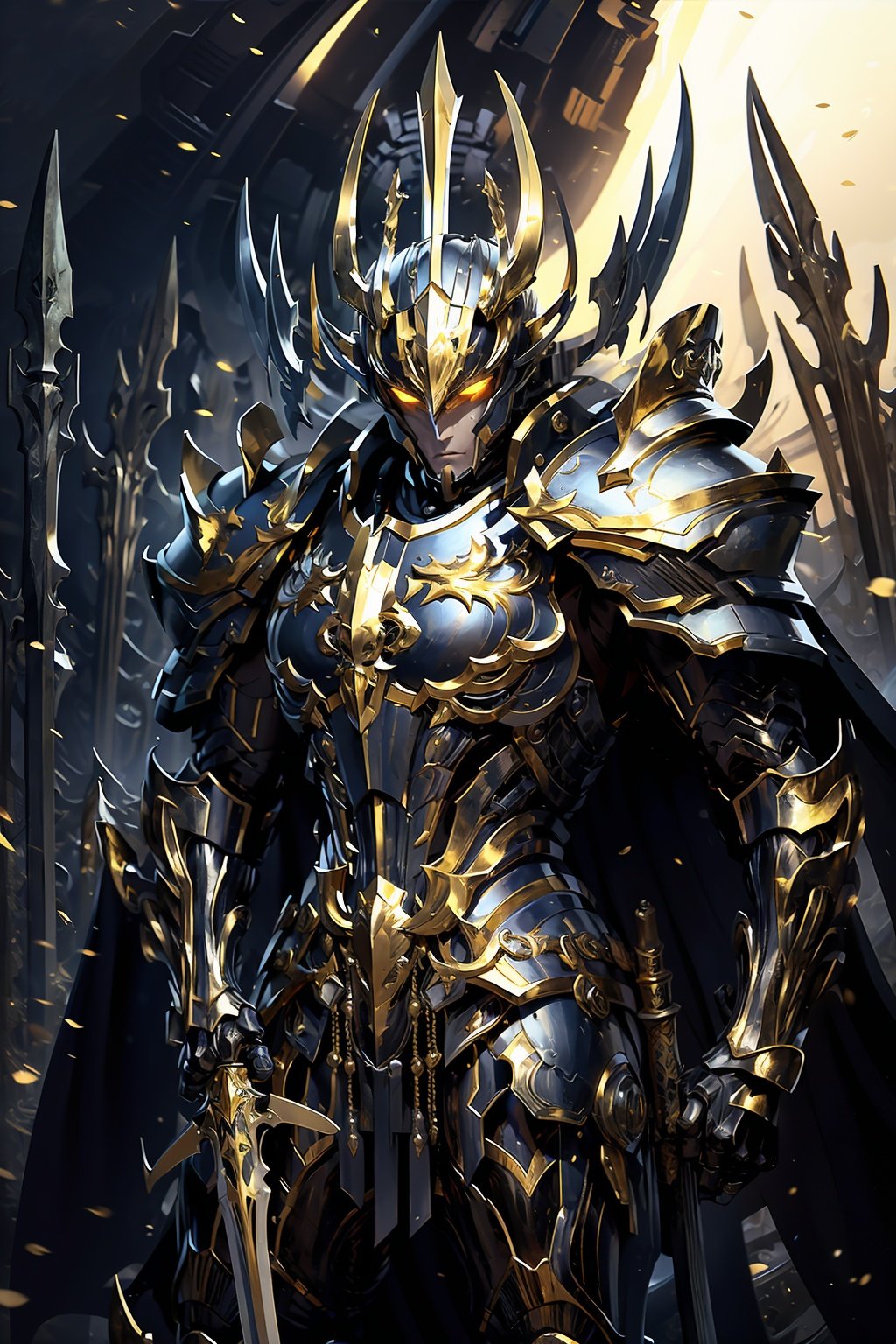 HeiJing1, armor, weapon, sword, full armor, gauntlets, solo, holding weapon, holding sword, holding, 1boy, shoulder armor, helmet, male focus, pauldrons, gold armor, cape, breastplate, standing, crown