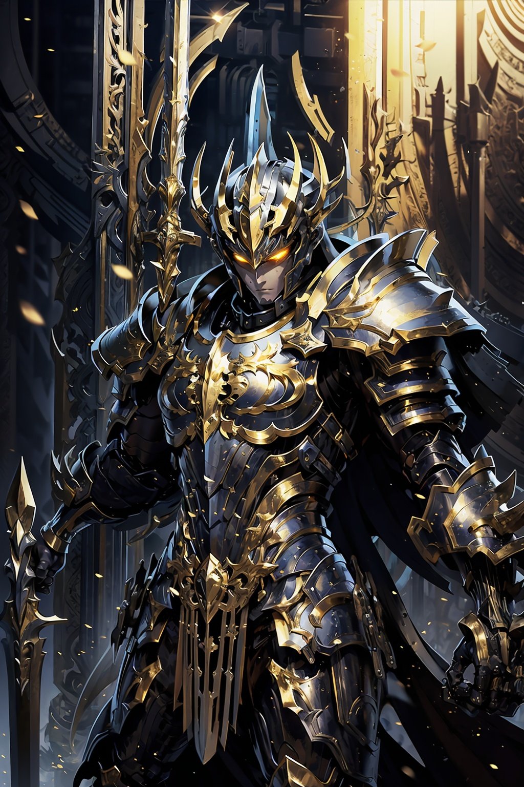 HeiJing1, weapon, armor, full armor, holding, sword, holding weapon, solo, helmet, holding sword, gauntlets, shoulder armor, pauldrons, 1boy, gold armor, standing, breastplate, male focus, cape, dual wielding, knight