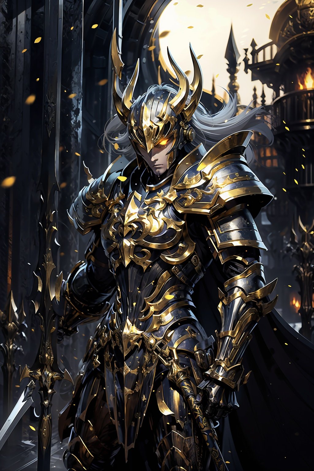 HeiJing1, weapon, armor, helmet, holding weapon, holding, full armor, shield, shoulder armor, polearm, long hair, 1boy, pauldrons, male focus, holding polearm, solo, gauntlets, holding shield, breastplate, sword, helm, standing, horned helmet, holding sword, fake horns, cape, spear, gold armor