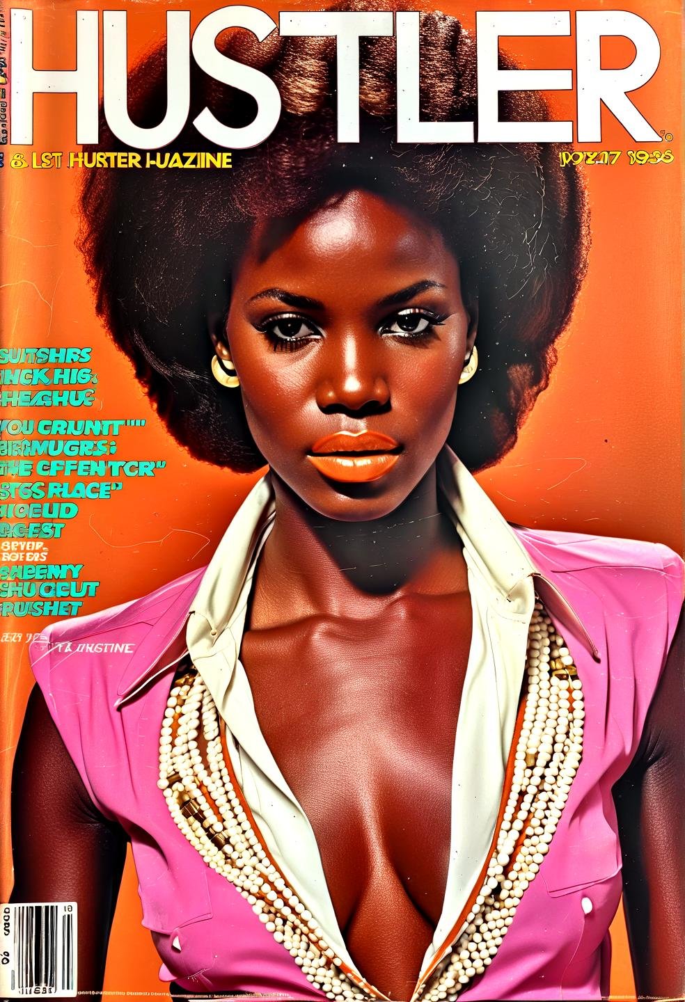 hustler magazine cover,1girl african retro fashion style,sexy pose, january 1978 ,upper body, masterpiece, (portrait:1.1),70s,miami vice style,,,