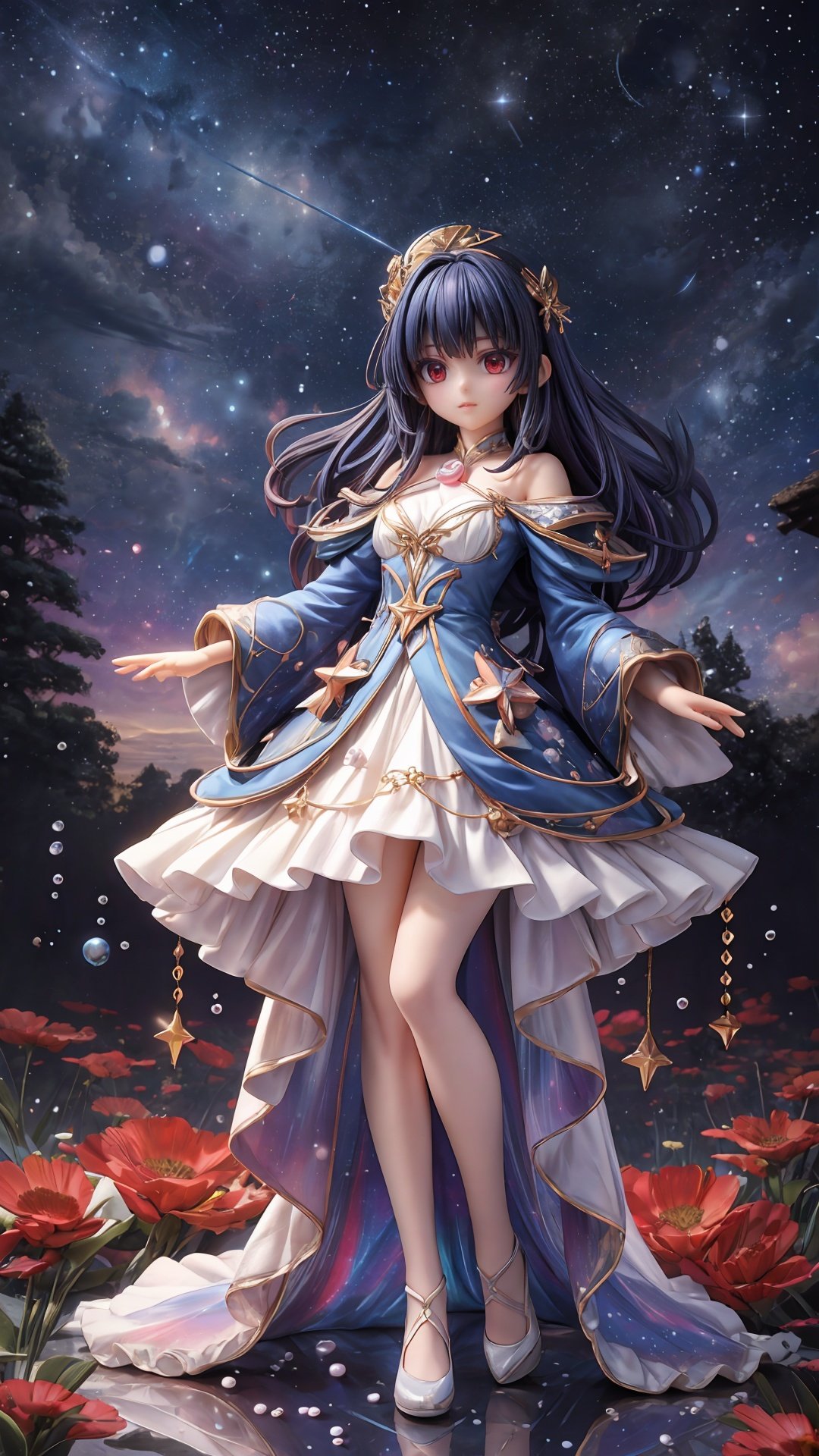  (masterpiece),(best quality),(ultra-detailed),(illustration),1girl,mixed-blood girl,,stars in the eyes, messy floating hair, colored inner hair, Starry sky adorns hair, (lots of big colorful Bubble), (pearl), (Galaxy), depth of field,full body, wide shott, panorama, mid shot ,(central composition, Centered Composition and Symmetry), 1girl, fanxing, cozy animation scenes