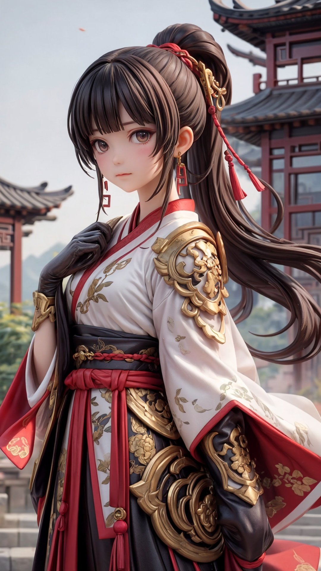  , (masterpiece:1.2), best quality,PIXIV,long hair, shoulder armor, black hair, gloves, hanfu, brown hair, white gloves, chinese clothes, looking at viewer, tassel, earrings, wide sleeves, jewelry, standing, long sleeves, pauldrons, closed mouth, ponytail, dragon, brown eyes, bangs, cape,Chinese girl,traditional Chinese, qiuyinong,midjourney portrait
