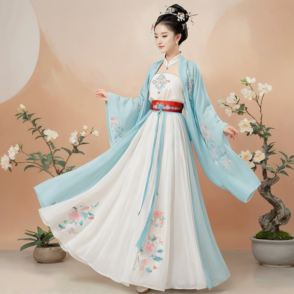  masterpiece, HanFu, 1girl, solo, Lovely, Look at me, jewelry, necklace, hair ornament, black hair, full body, dress, chinese clothes, standing, hair bun, tiara, White background wall, Pick flower carvings on the wall, rise and dance in a happy mood, Potted plant, Petals on the ground, Dunhuang dress, textured skin, super detail, best quality